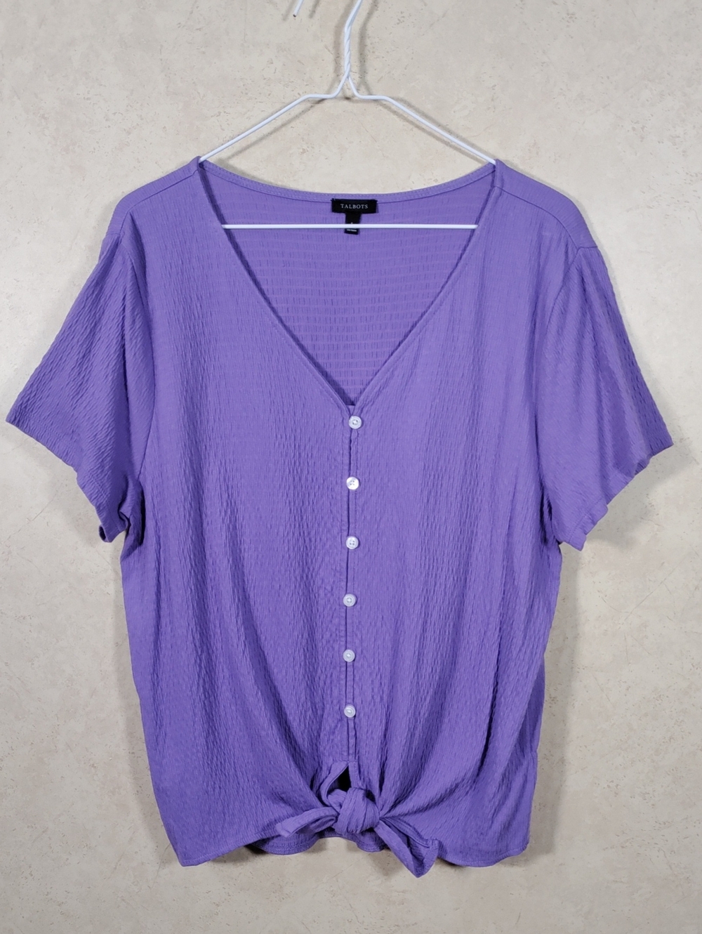I132 Talbots Purple Crinkle Knit V-Neck Tie Hem Top L
